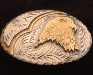 Vintage Handcrafted Etched 3 Layer Bald Eagle Silver & Gold Adm Belt Buckle