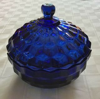 Vintage Fostoria American Glass Candy Dish Covered Bowl Cobalt Blue Cube