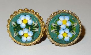 Vintage Micro Mosaic & Filigree Gold Tone Clip On Earrings,  Floral Design,  ¾ In