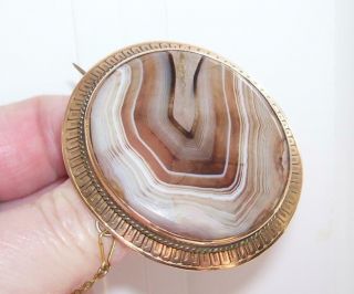 Fine Large Antique Victorian Solid 9ct Gold Banded Scottish Agate Brooch Pin 17g