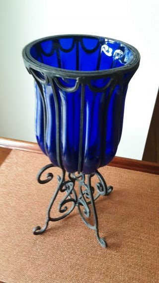 14  Vintage Cobalt Blue Blown Glass Candle Holder Vase On Wrought Iron Stand