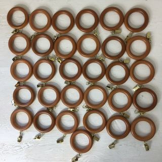 Wood Brown Round Curtain Rings With Eyelets,  Clips Set Of 31 Vintage