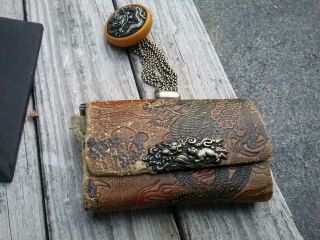 Antique Japanese Tobacco Pouch Dragon Netsuke & Menuki Bakilite Wwii Japan