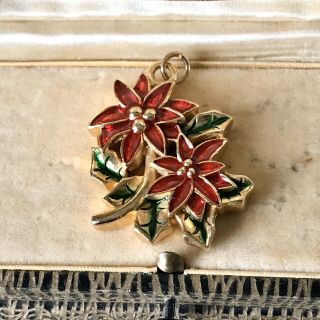 Vintage Christmas Poinsettia Holly Red Green Enamel Gold Plated Charm Pendant