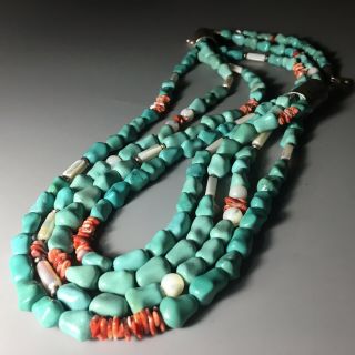 Chinese Turquoise Stone Carved Beads Triple Strand Silver Necklace 32” 212g