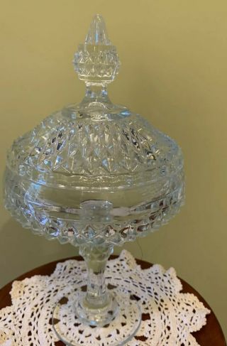 Vintage Clear Indiana Glass Covered Candy Dish 12 " Tall Pedestal Diamond Point