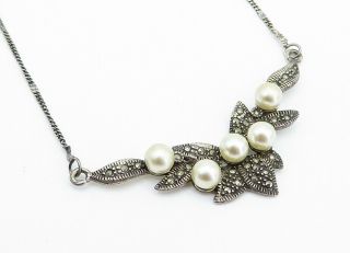 925 Sterling Silver - Vintage Freshwater Pearl & Marcasite Chain Necklace - N2615 2