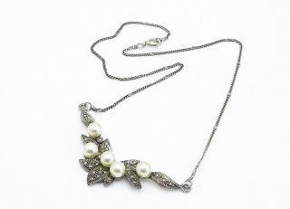 925 Sterling Silver - Vintage Freshwater Pearl & Marcasite Chain Necklace - N2615 3
