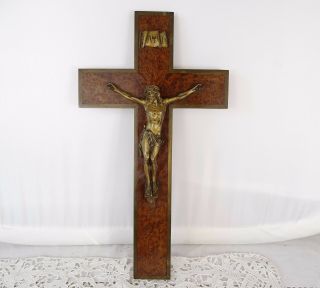 Antique French Crucifix Cross Jesus Corpus Figure Bronze And Wood 19th - Stoffel