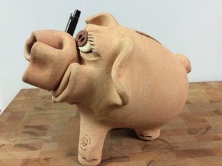 Vintage Hand Made CLAY Whimsical Piggy Bank Pen Holder Signed 2