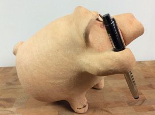 Vintage Hand Made CLAY Whimsical Piggy Bank Pen Holder Signed 3
