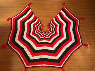 Vintage Crochet Christmas Tree Skirt Crocheted Red Green White Striped Handmade