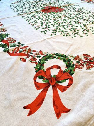 Vintage 1950s Christmas Holiday Cotton Tablecloth Red Poinsettias Holly Ribbons