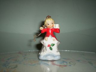 1957 Vtg Napco Christmas Angel Girl On Star Holds Gift Bell Ornament Figurine