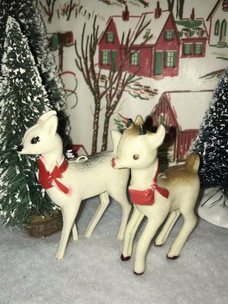(2) Vintage Hard Plastic Rudolph & Clarice Reindeer Christmas Ornaments Set 1