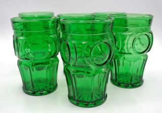 Vintage Wheaton Drinking Glass (set Of 6) Bullseye Pattern Emerald Green