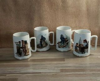 Vintage 1985 Norman Rockwell Museum Coffee Mugs Cups Set Of 4 White W/ Gold Trim