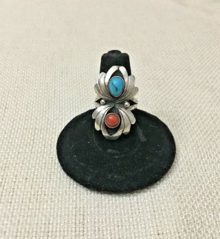 Vintage Sterling Silver Turquoise And Coral Shadowbox Ring Size 5.  5 Navajo