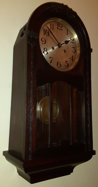 Antique German Wall Clock Oak Key Wind Pendulum Beveled Glass Circa 1920