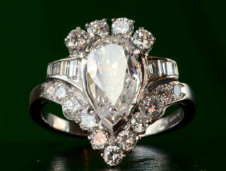 Antique Art Deco Vintage Engagement Ring 2.  9 Ct Pear Diamond 14k White Gold Over