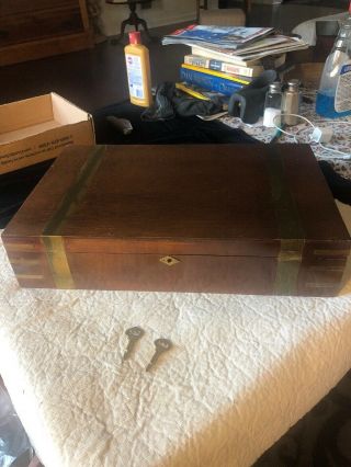 Vintage Wood Keepsake Box Chest With Brass Inlay Antique Document Box 2 Keys