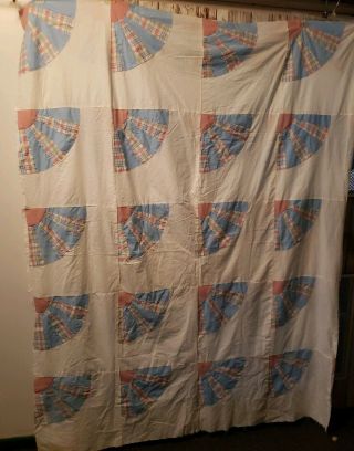 Vintage Hand Pieced Cotton Fabric Fan Pattern Quilt Top Set In White - - 72 X 120 "