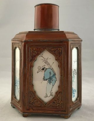 Antique Chinese Hexagonal Enameled Pewter Tea Caddy