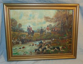 Antique Naive Folk Art Fox Hunt Oil On Canvas Board Painting Signed W/ Frame