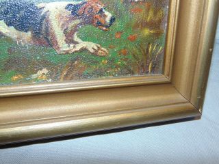 Antique Naive Folk Art Fox Hunt Oil on Canvas Board Painting Signed w/ Frame 2