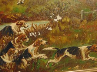 Antique Naive Folk Art Fox Hunt Oil on Canvas Board Painting Signed w/ Frame 3