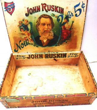 Vintage John Ruskin Best & Biggest Perfecto Extra 2 For 5 Cents Cigar Box Lewis