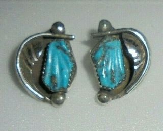 Fine Vintage Navajo Indian Sterling Silver Turquoise Squash Blossom Earrings