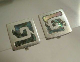 Vtg Gerardo Lopez Taxco Mexico Sterling Silver Inlaid Abalone Screwback Earrings