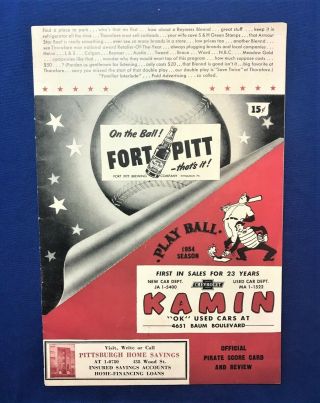 1954 Pittsburgh Pirates Vs Philadelphia Phillies Baseball Program Scorecard