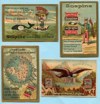 4 Antique Soapine Advertising Trade Cards Prince Of Whales Bald Eagle Uncle Sam