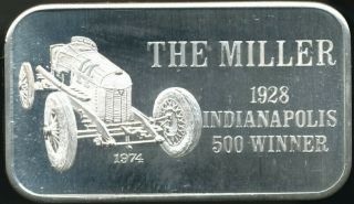 Vintage 1974 The Miller 1928 Indy 500 Winner 1 Troy Oz.  999 Fine Silver Art Bar