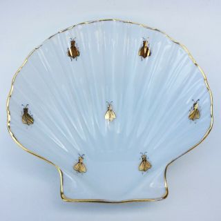 Vintage Limoges France Hand Painted Gold Bee Porcelain Shell Scalloped Tray Dish