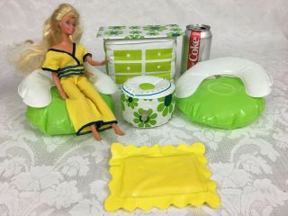 Vintage Blow Up Mod Barbie Doll Furniture 2 Chairs Table Footstool Puff & Play