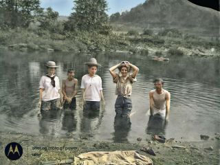 1908 Teens Swimming In Creek Boys Girls Vintage Photo Dry Plate Glass Negative