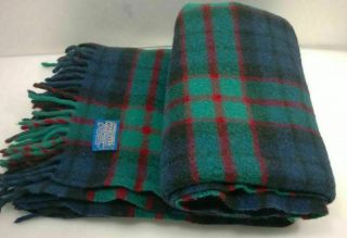 Vtg Pendleton Wool Blanket Throw Green Red Blue Plaid Fringed 66”x 50” Virgin