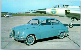 Vintage Saab Automobile Advertising Postcard Blue Car / Airplane Sweden C1950s