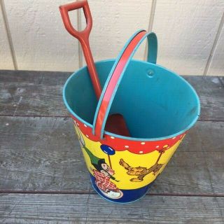 Vintage 1940s Ohio Art Tin Metal Toy Sand Pail Bucket Shovel Clowns,