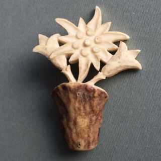 Vintage German Brooch Edelweiss Flower Vase Hand Carved Antler Horn Bone Pin