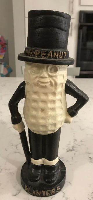 Vintage Mr Peanut Planters Cast Iron Bank Door Stop 10.  5 Inches Tall Heavy