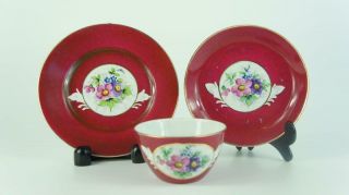 Antique Russian Imperial Gardner Maroon Ground Floral Trio Cup,  Saucer,  Plate