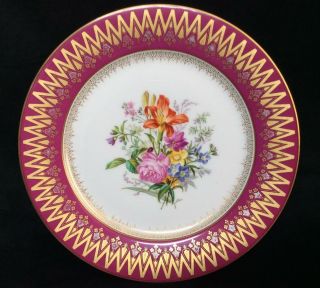 Antique French Sevres Porcelain Plate Burgundy Floral C1865