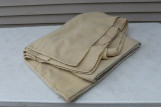 Vintage Heavy 100 Wool Blanket 84 " X 73 " Large Cream 3 Blue Stripes Usa - Read