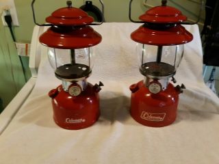 2 Vintage Coleman Red Lanterns Model 200a & Pyrex Glass Globes Exc
