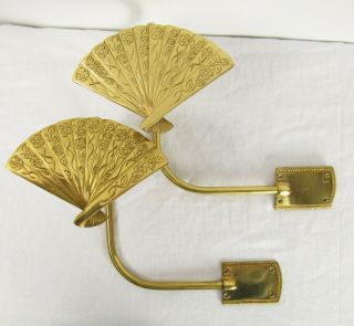 Vintage Pair Solid Brass Asian Fan Decorative Curtain Drapery Wall Mount Tieback
