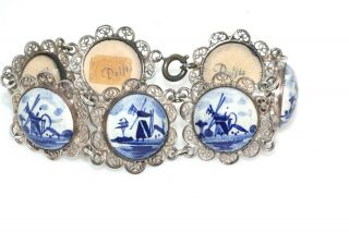 Vintage Delft Blue White Windmill Sterling Silver Filigree Panel Bracelet